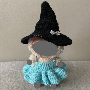 Handmade Crochet Halloween Blue Black Witch Outfit for 17cm Doll 2-Piece Set